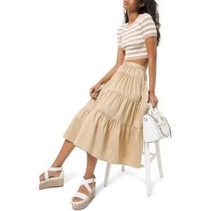 Michael Kors Women's Khaki Tiered Cotton Poplin Midi Skirt, Size S (Runs Big)